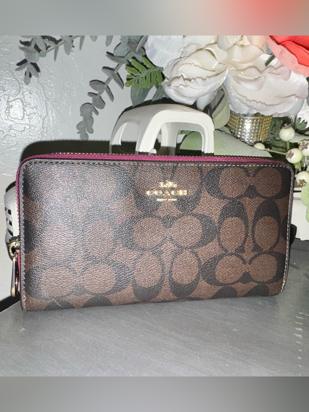 Coach Long Zip Around Leather Wallet In Sig Canvas (Brown / Dark Magenta) - EUC - Picture 4 of 13